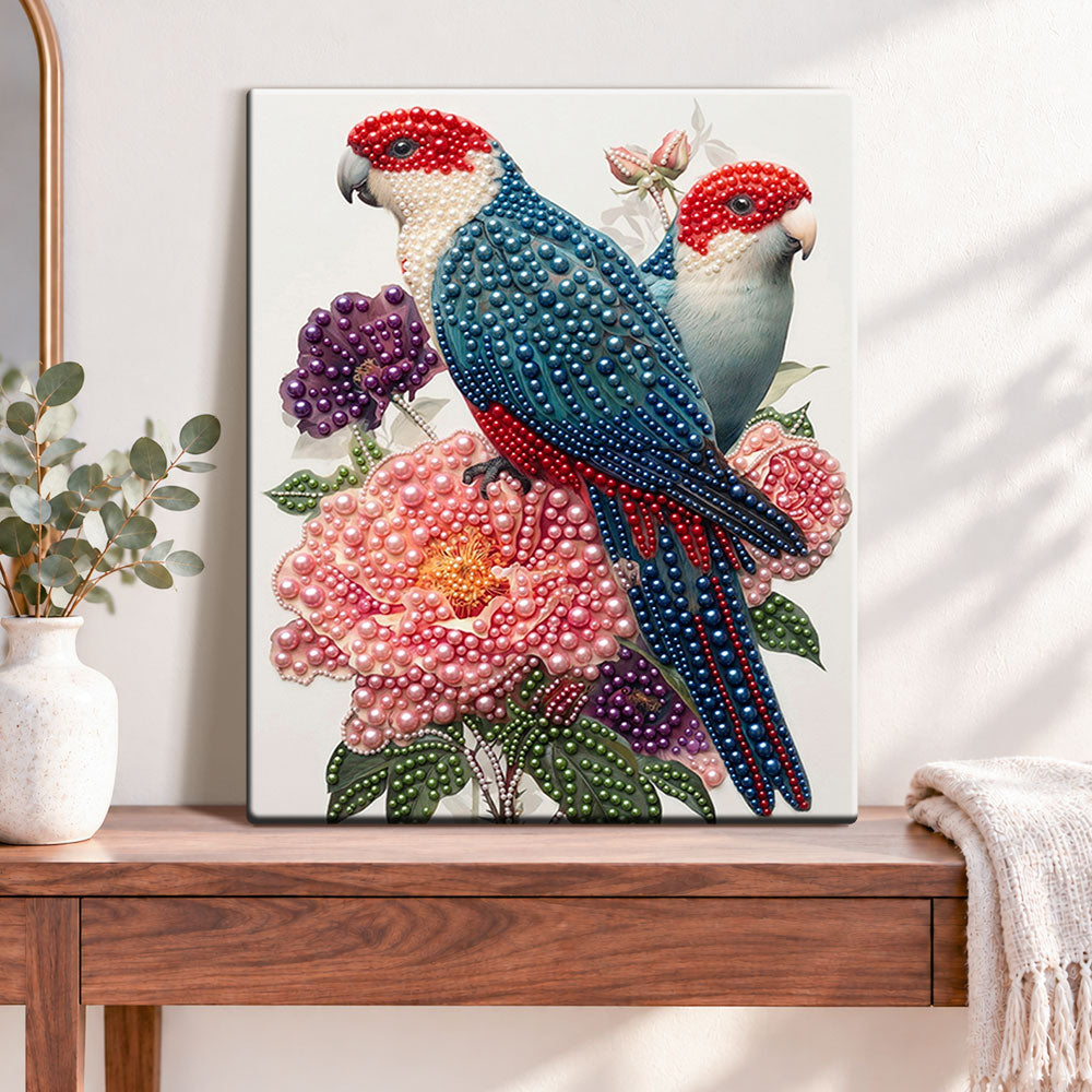 Finished jeweled parrot pair pearl diamond painting artwork displayed as home decor
