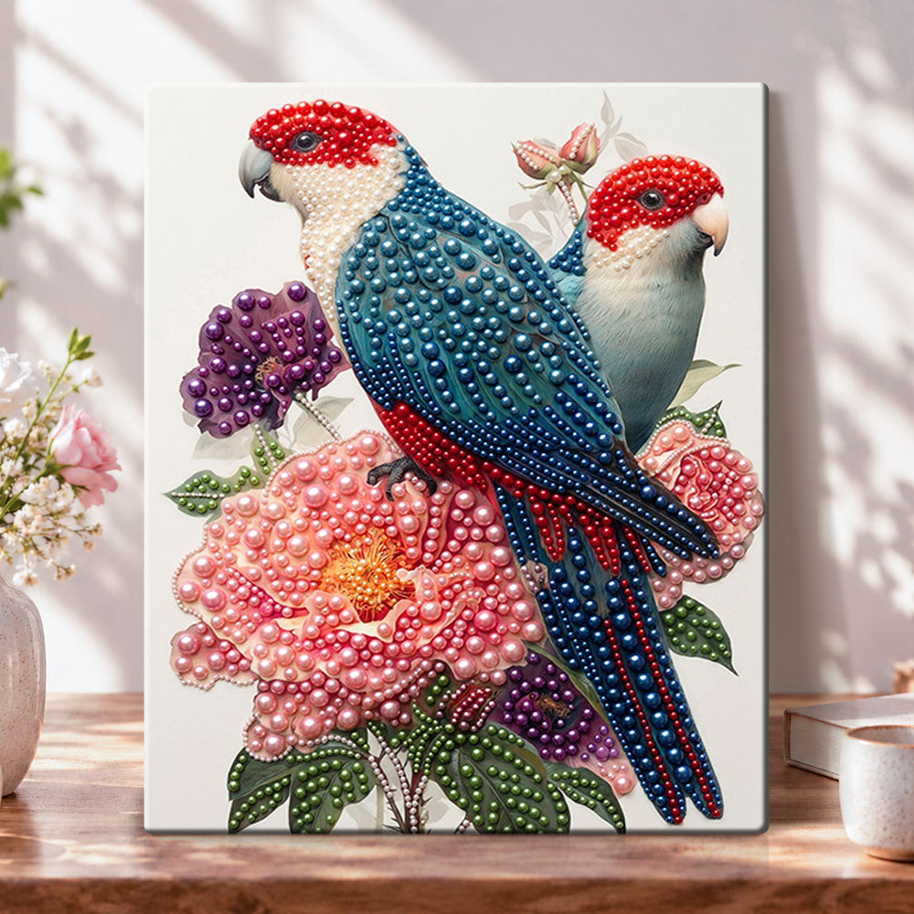 Jeweled parrot pair pearl diamond painting kit for beginners