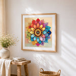Jewelled colourful mandala cross stitch artwork displayed on wall as home decor