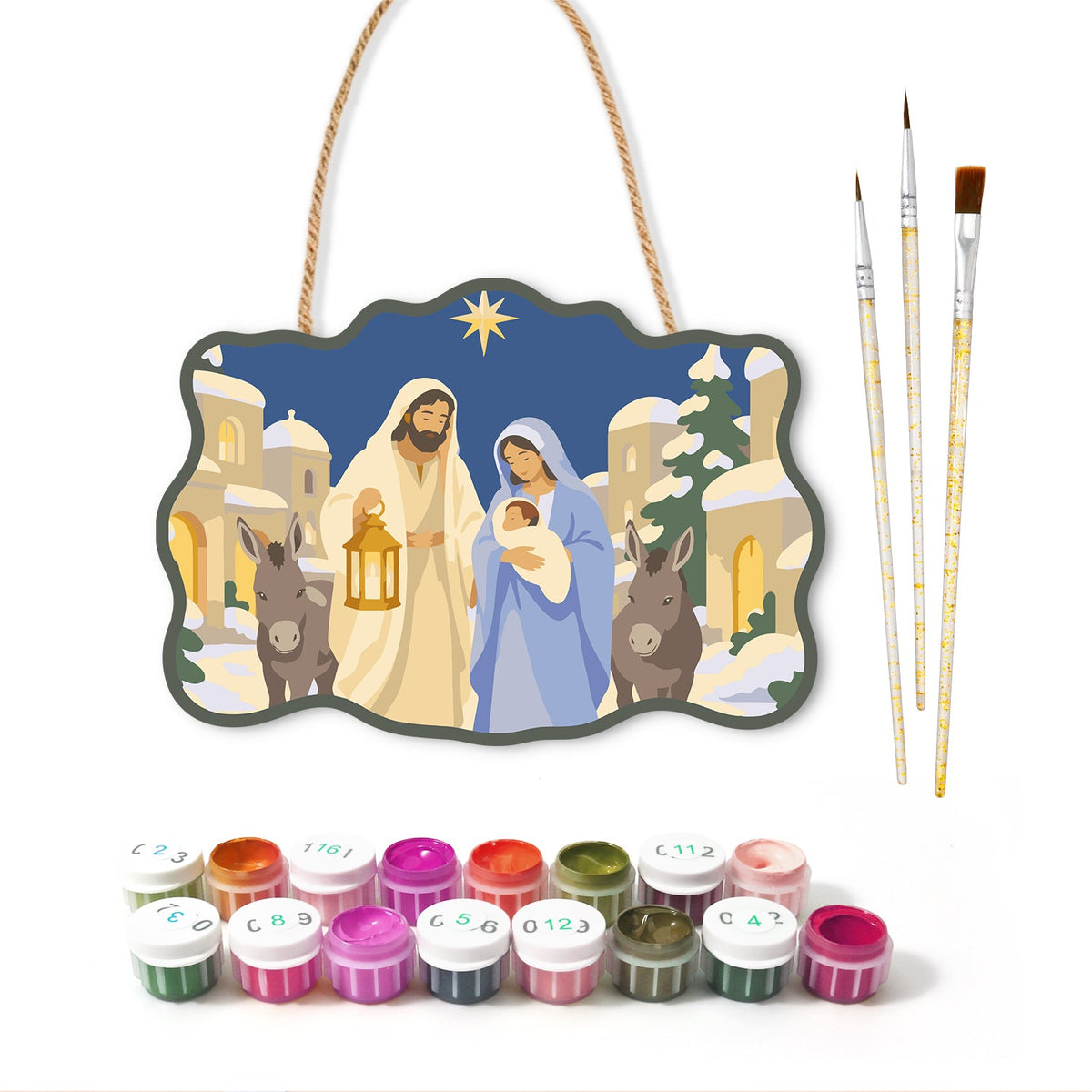 Journey to bethlehem paint by numbers door hanger with paints and brushes