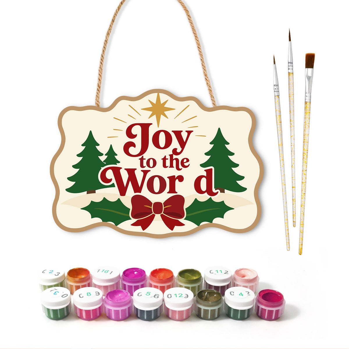 Joy to the world trees paint by numbers door hanger with paints and brushes