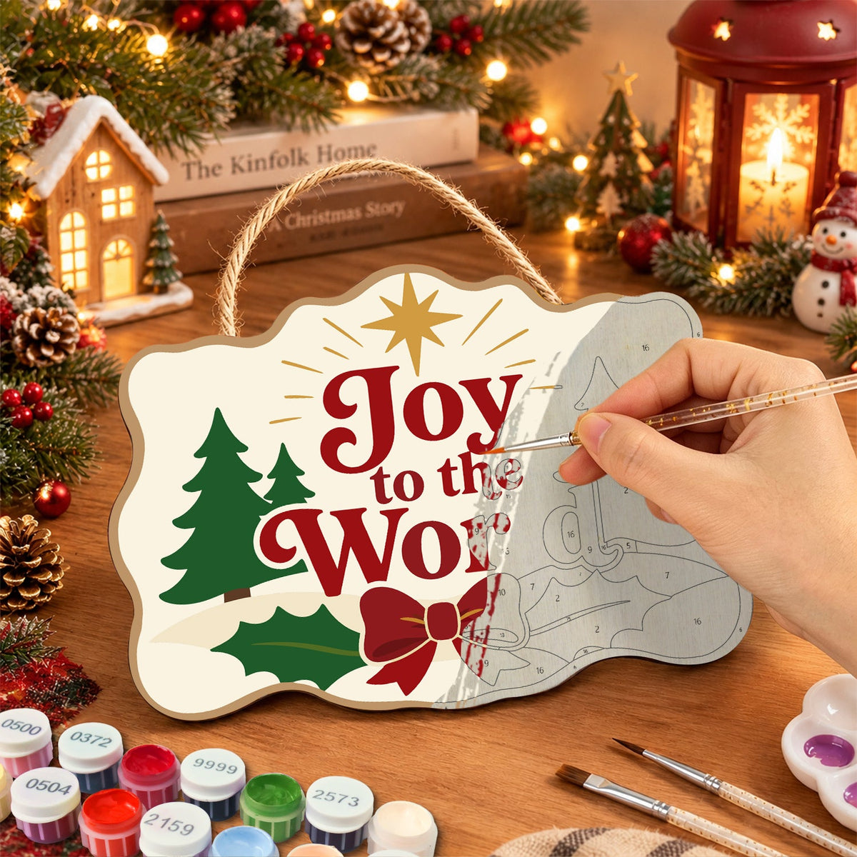 Joy to the world trees paint by numbers door hanger painting process