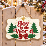 Joy to the world trees paint by numbers door hanger on a garden gate