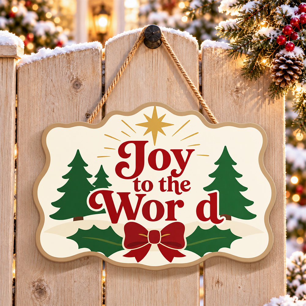 Joy to the world trees paint by numbers door hanger on a garden gate