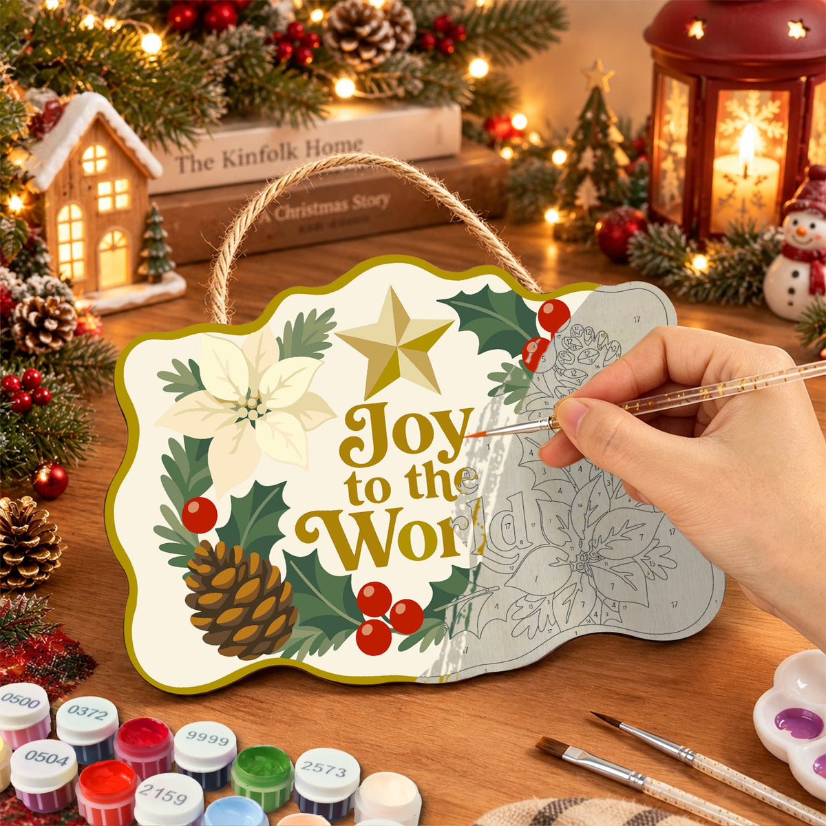 Joy to the world wreath paint by numbers door hanger painting process