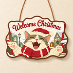 Joyful cat raising paws paint by numbers door hanger finished design