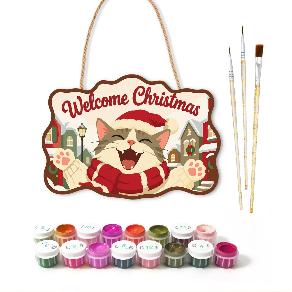 Joyful cat raising paws paint by numbers door hanger with paints and brushes