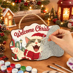 Joyful cat raising paws paint by numbers door hanger painting process