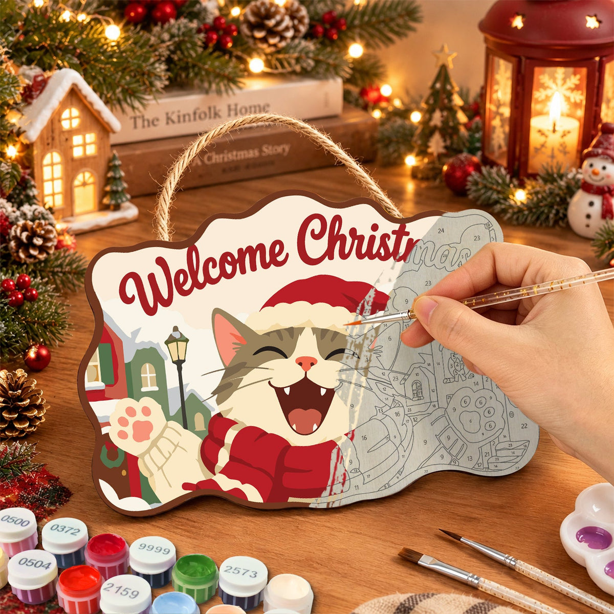 Joyful cat raising paws paint by numbers door hanger painting process