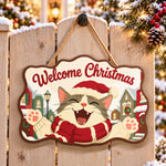 Joyful cat raising paws paint by numbers door hanger on a garden gate