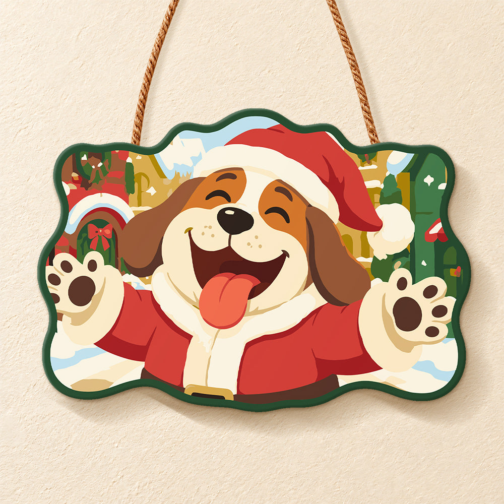 Joyful santa dog paint by numbers door hanger finished design