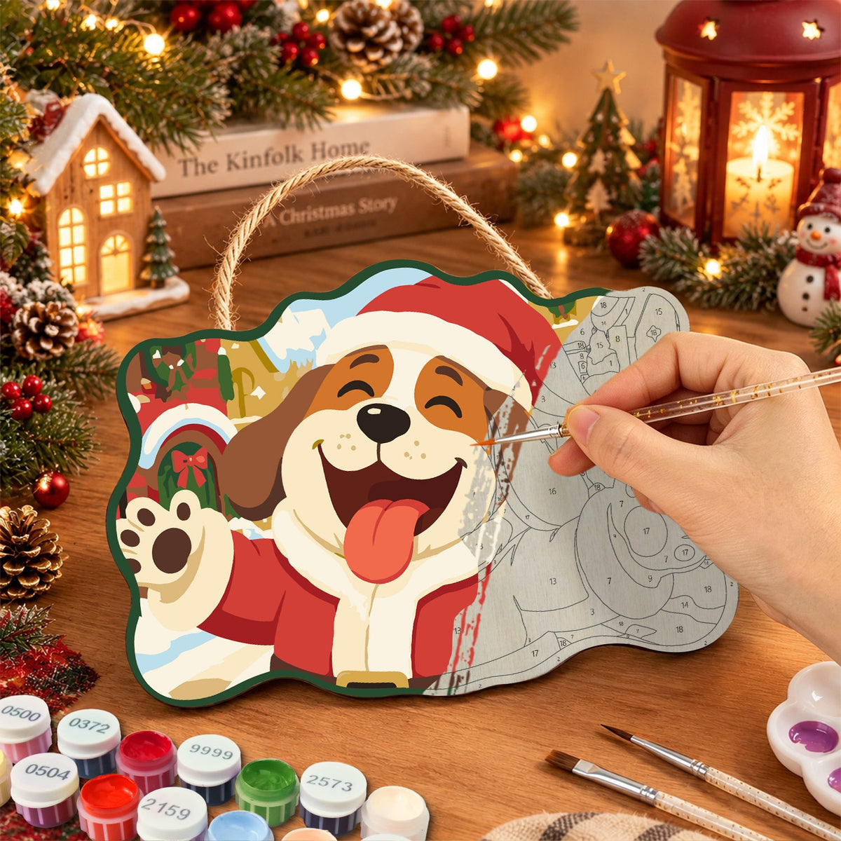 Joyful santa dog paint by numbers door hanger painting process
