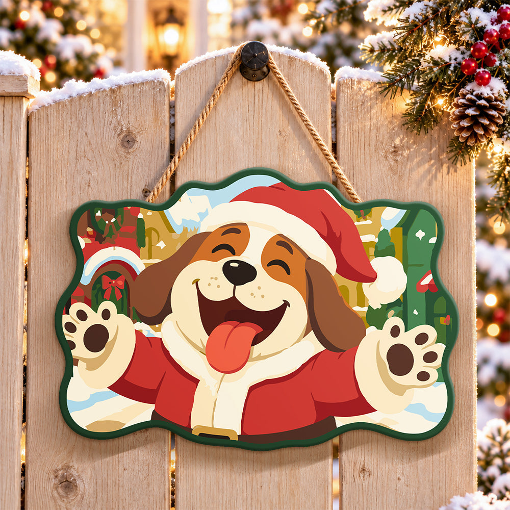 Joyful santa dog paint by numbers door hanger on a garden gate