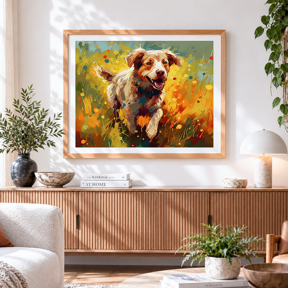 Finished joyful spaniel running through wildflowers cross stitch artwork displayed