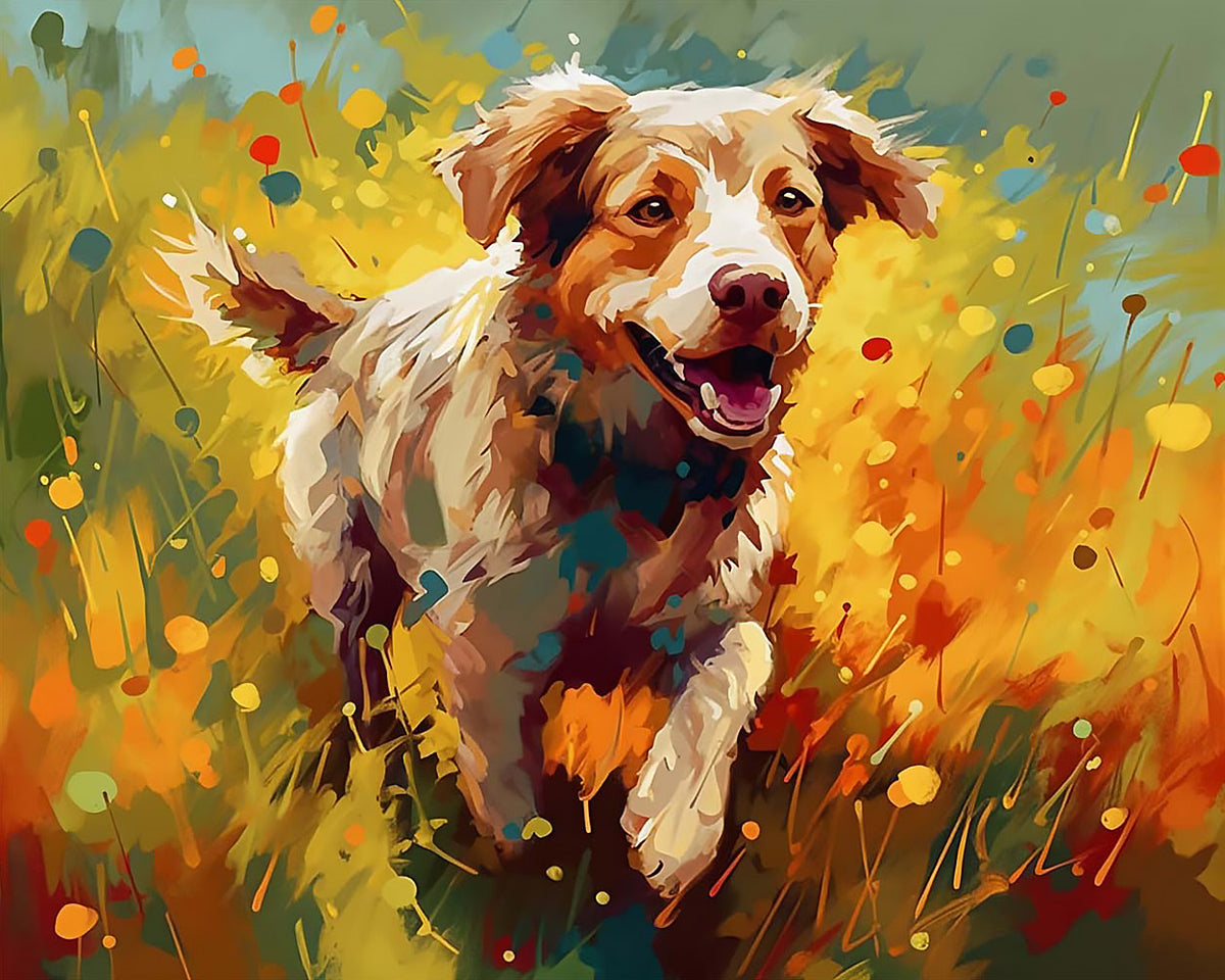 Joyful spaniel running through wildflowers cross stitch kit for beginners