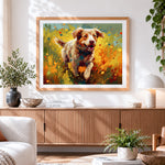 Finished joyful spaniel running through wildflowers paint by numbers artwork displayed as home decor