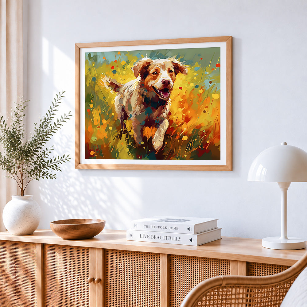 Joyful spaniel running through wildflowers paint by numbers artwork displayed on wall as home decor