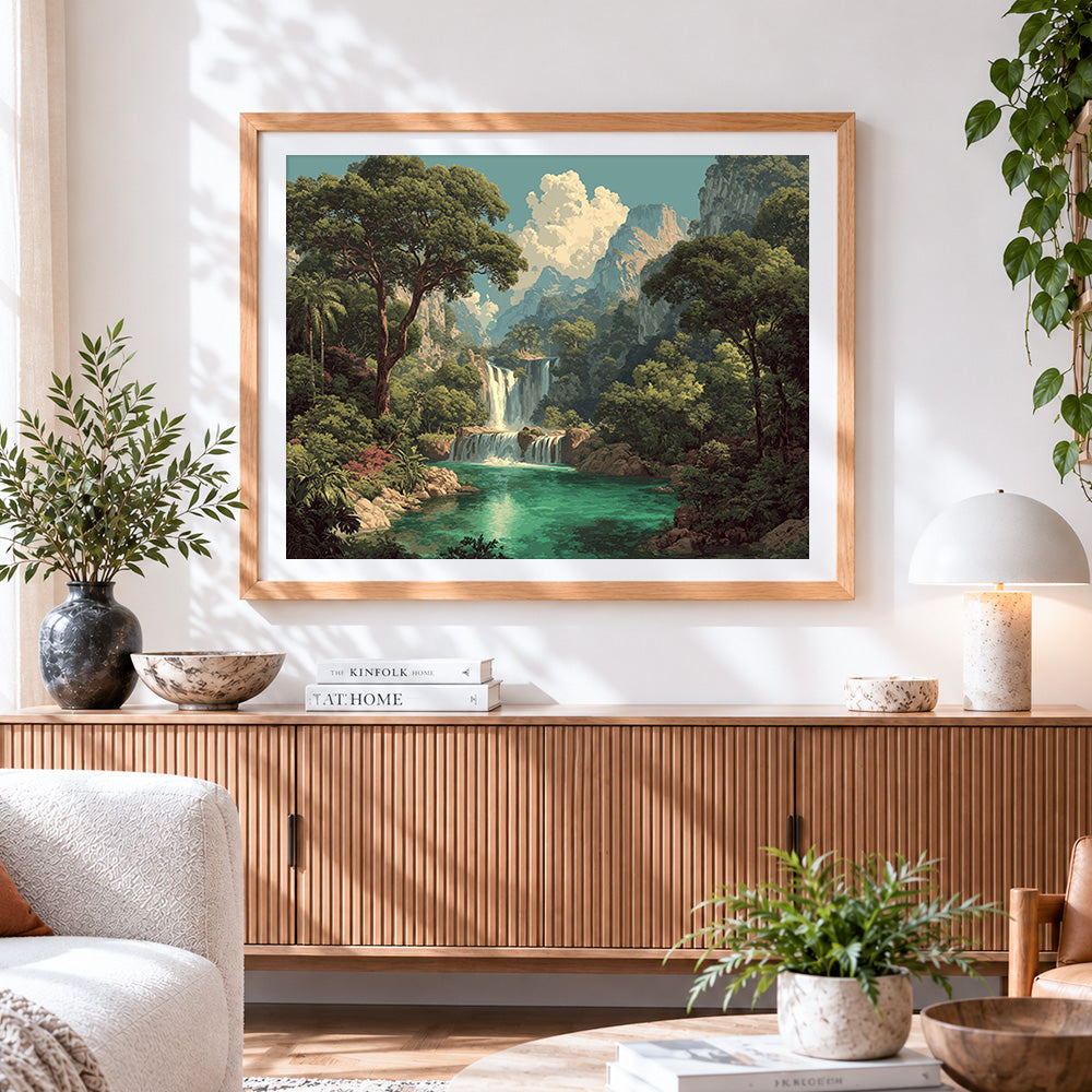 Finished jungle canyon waterfall cross stitch artwork displayed