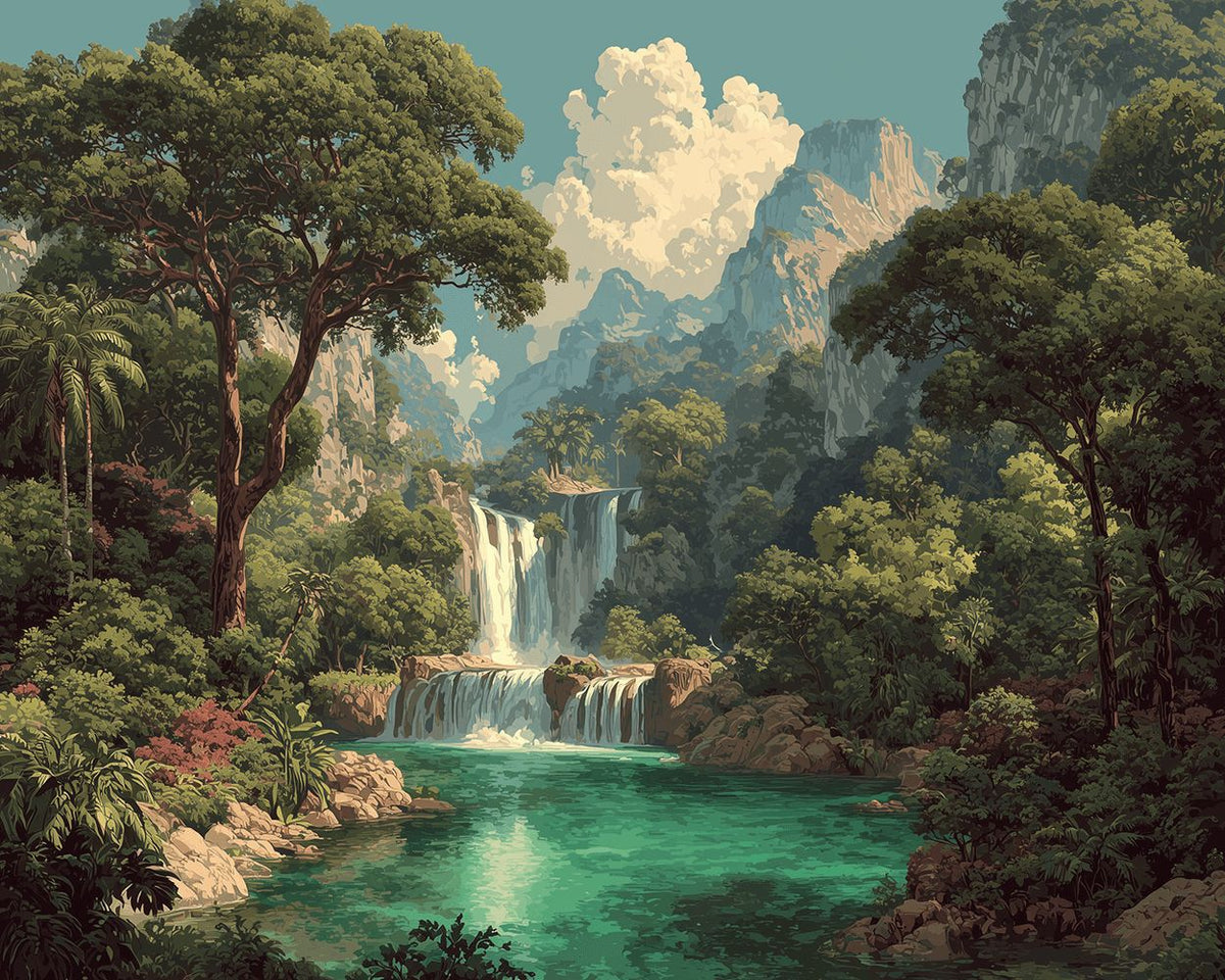 Jungle canyon waterfall cross stitch kit for beginners