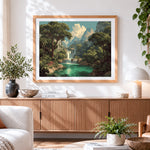 Finished jungle canyon waterfall paint by numbers artwork displayed as home decor