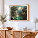 Jungle canyon waterfall paint by numbers artwork displayed on wall as home decor