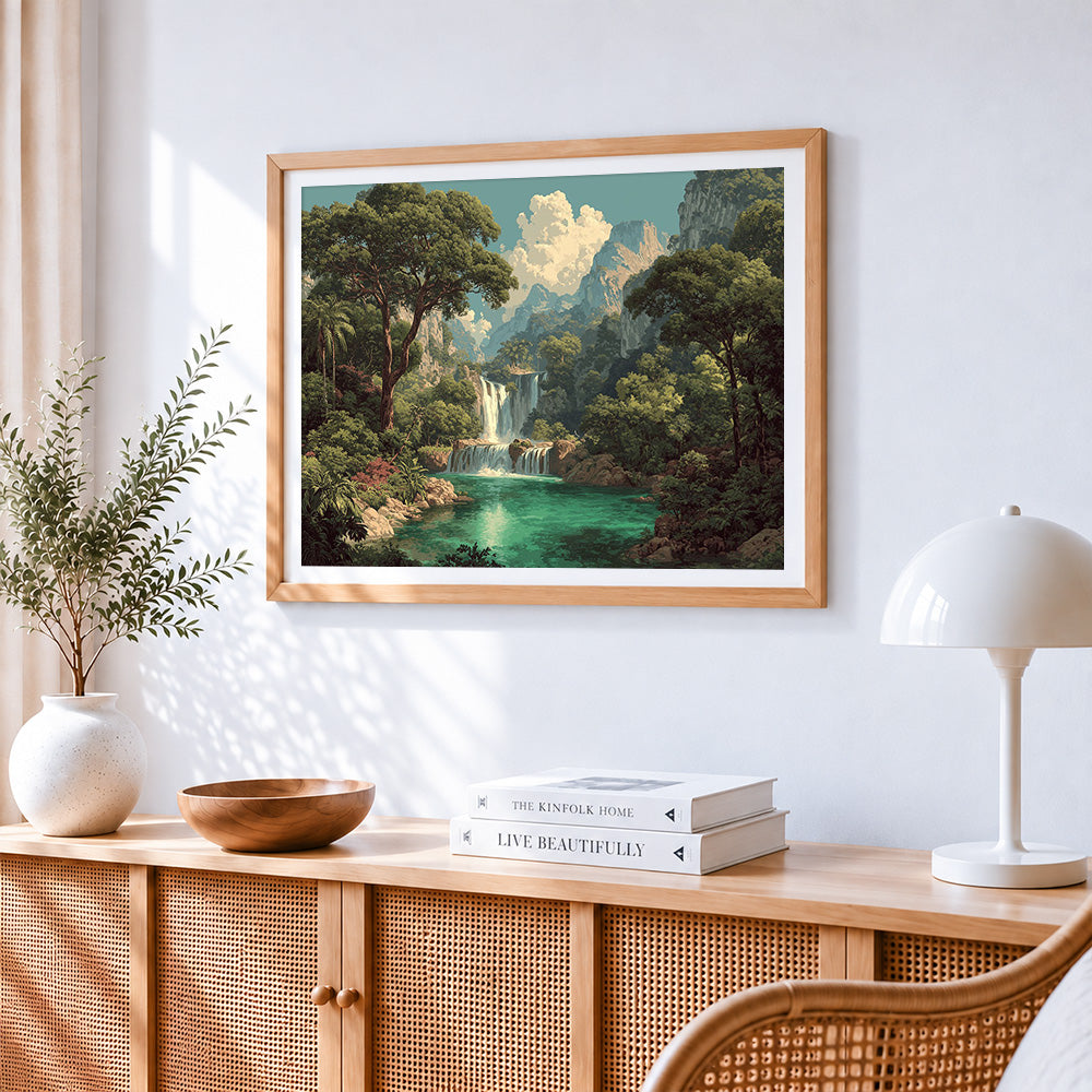 Jungle canyon waterfall paint by numbers artwork displayed on wall as home decor