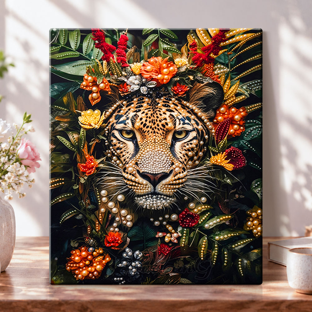 Jungle floral leopard pearl diamond painting kit for beginners