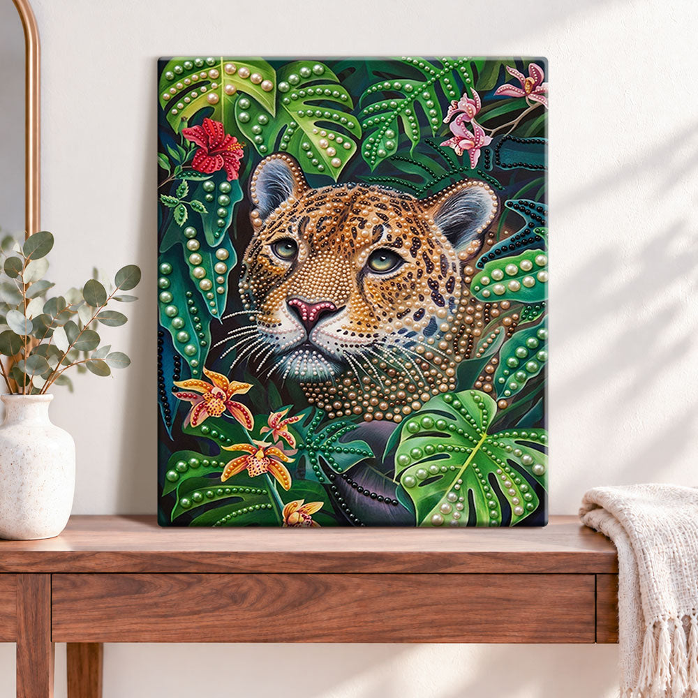Finished jungle jaguar glow pearl diamond painting artwork displayed as home decor