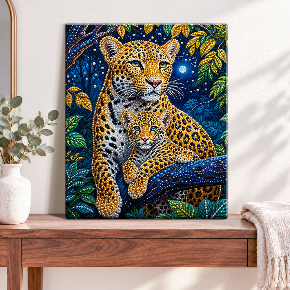 Finished jungle leopard family pearl diamond painting artwork displayed as home decor