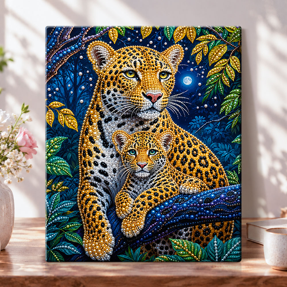 Jungle leopard family pearl diamond painting kit for beginners