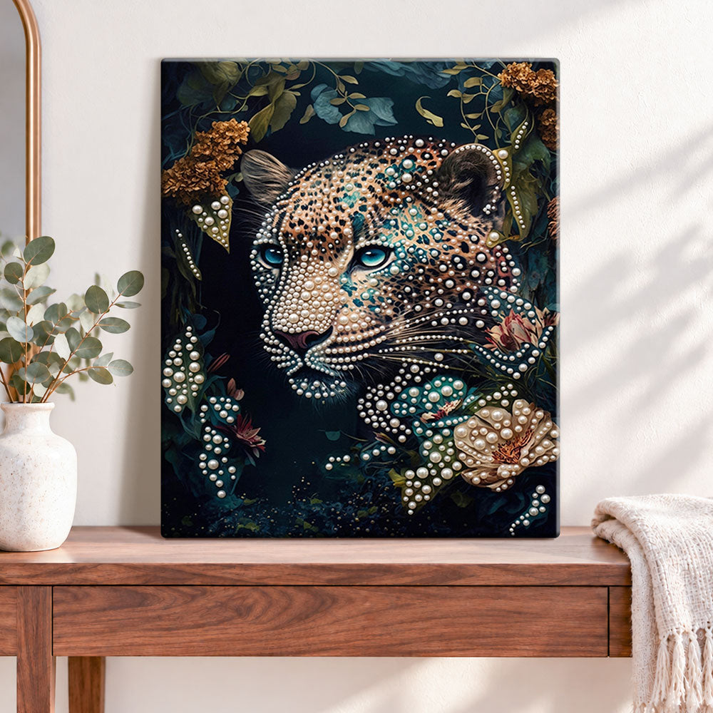 Finished jungle pearl leopard pearl diamond painting artwork displayed as home decor