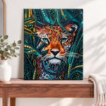Finished jungle tiger glow pearl diamond painting artwork displayed as home decor