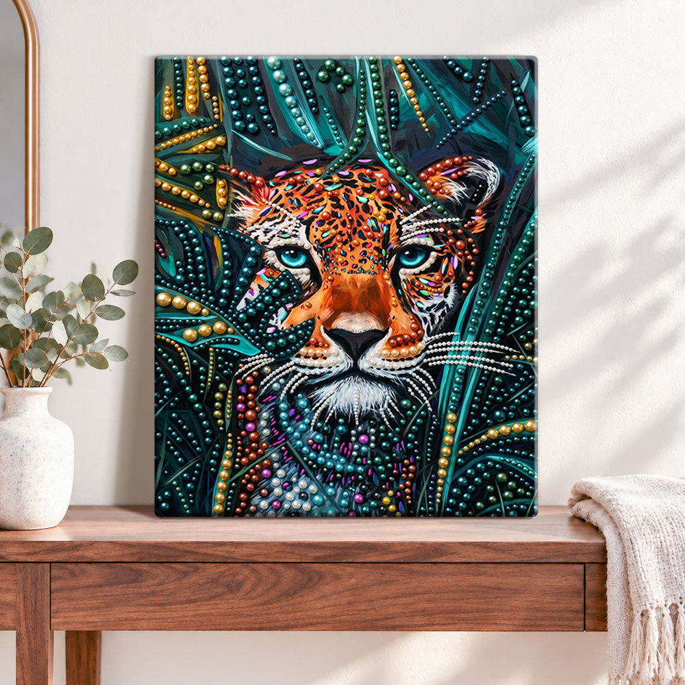 Finished jungle tiger glow pearl diamond painting artwork displayed as home decor