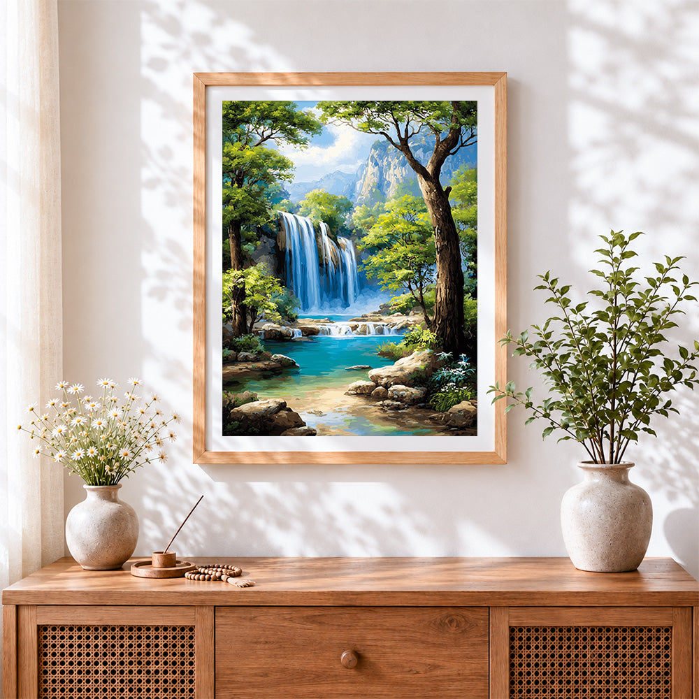 Finished jungle waterfall and blue lagoon cross stitch artwork displayed