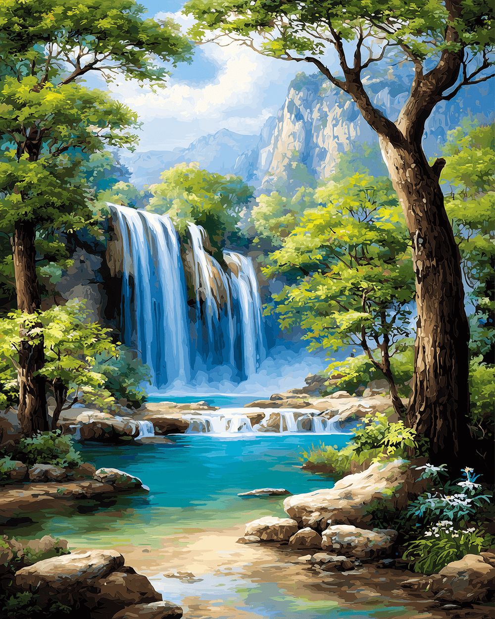 Jungle waterfall and blue lagoon cross stitch kit for beginners