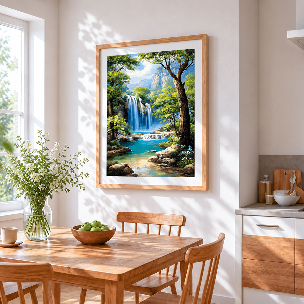 Jungle waterfall and blue lagoon cross stitch artwork displayed on wall as home decor