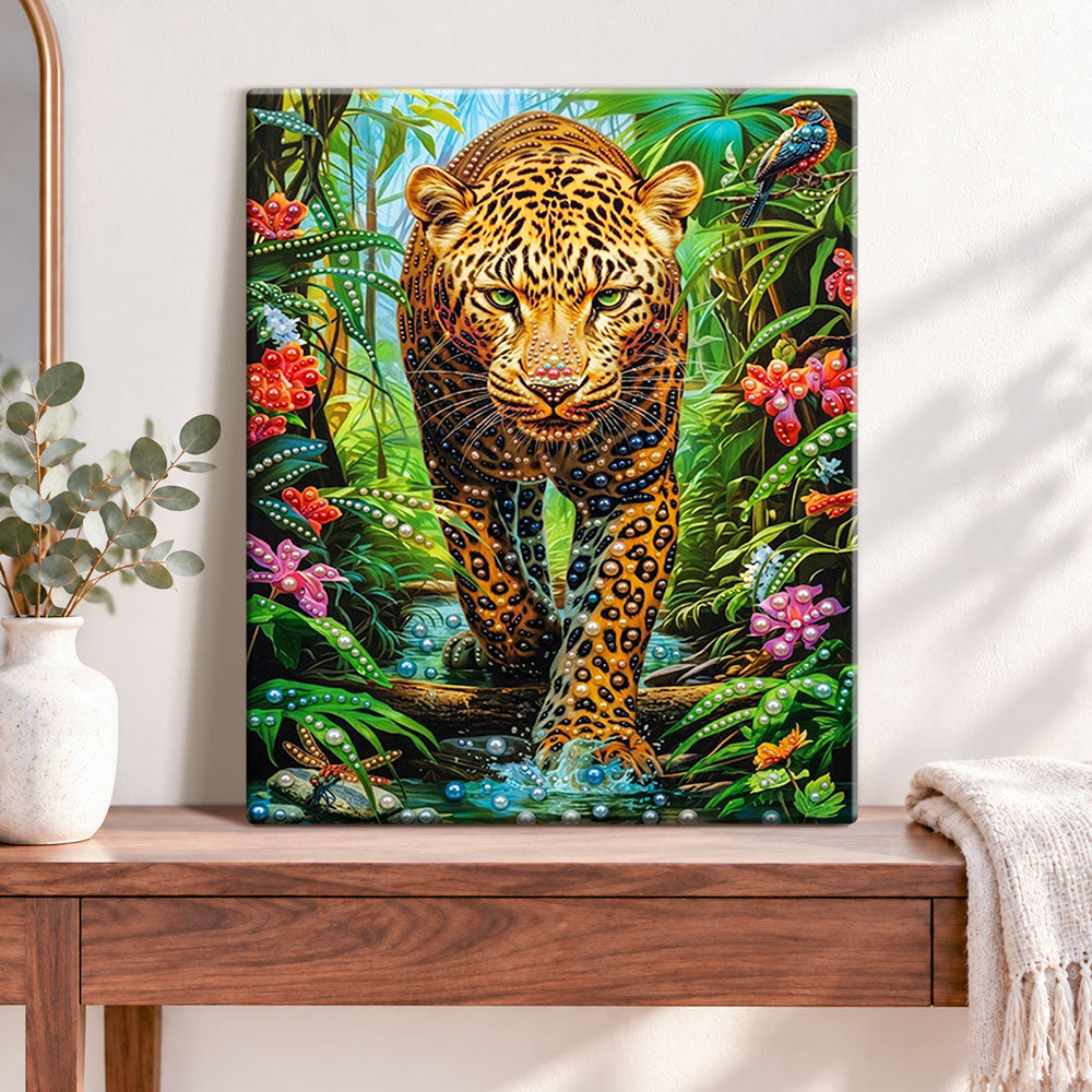 Finished jungle wild majesty pearl diamond painting artwork displayed as home decor