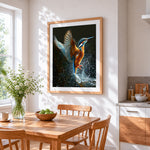 Kingfisher bird diving paint by numbers artwork displayed on wall as home decor