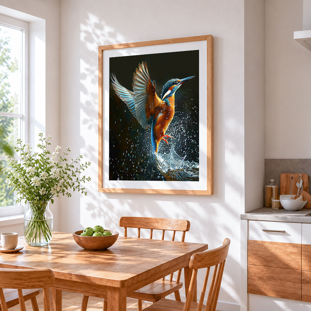 Kingfisher bird diving paint by numbers artwork displayed on wall as home decor