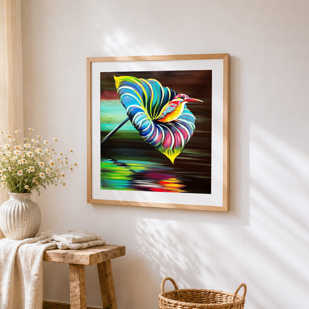 Kingfisher on colourful leaf cross stitch artwork displayed on wall as home decor