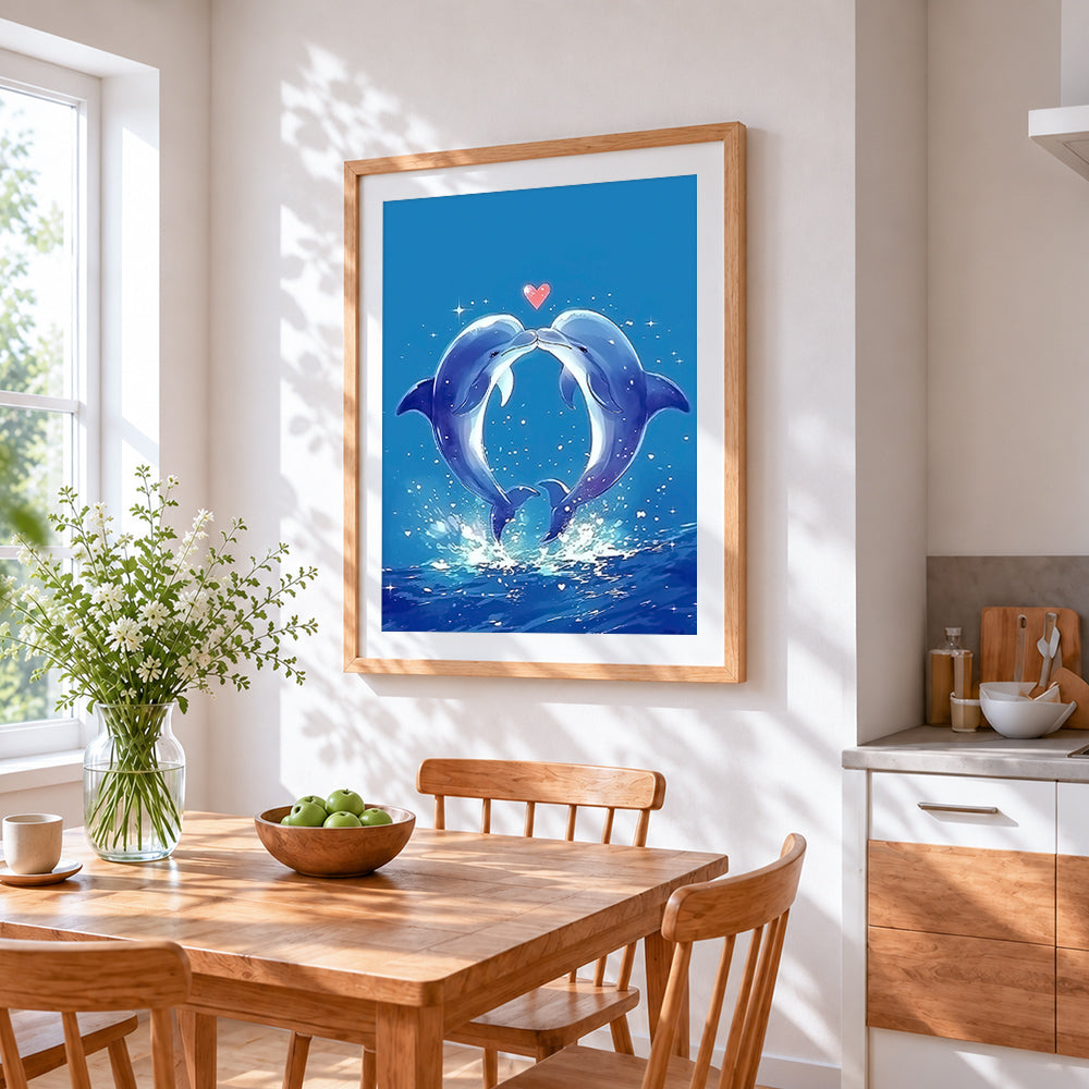 Kissing dolphins with heart cross stitch artwork displayed on wall as home decor