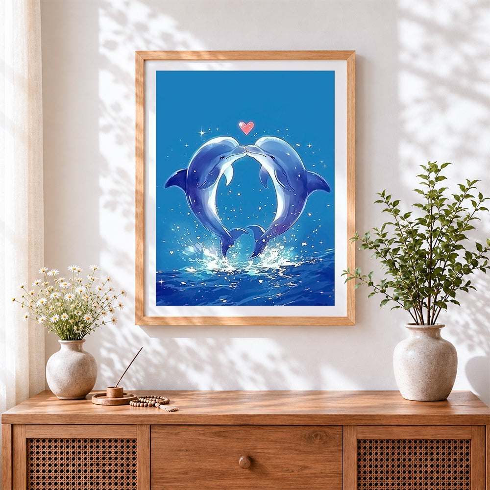 Finished kissing dolphins with heart paint by numbers artwork displayed as home decor