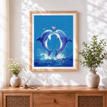 Finished kissing dolphins with heart paint by numbers artwork displayed as home decor