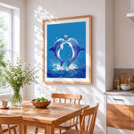 Kissing dolphins with heart paint by numbers artwork displayed on wall as home decor