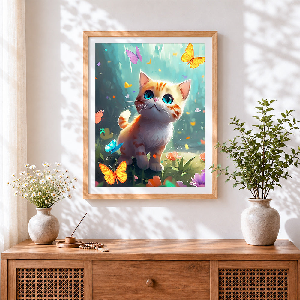 Finished kitten and butterflies in forest cross stitch artwork displayed