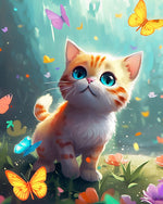 Kitten and butterflies in forest cross stitch kit for beginners