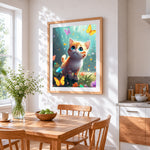Kitten and butterflies in forest cross stitch artwork displayed on wall as home decor
