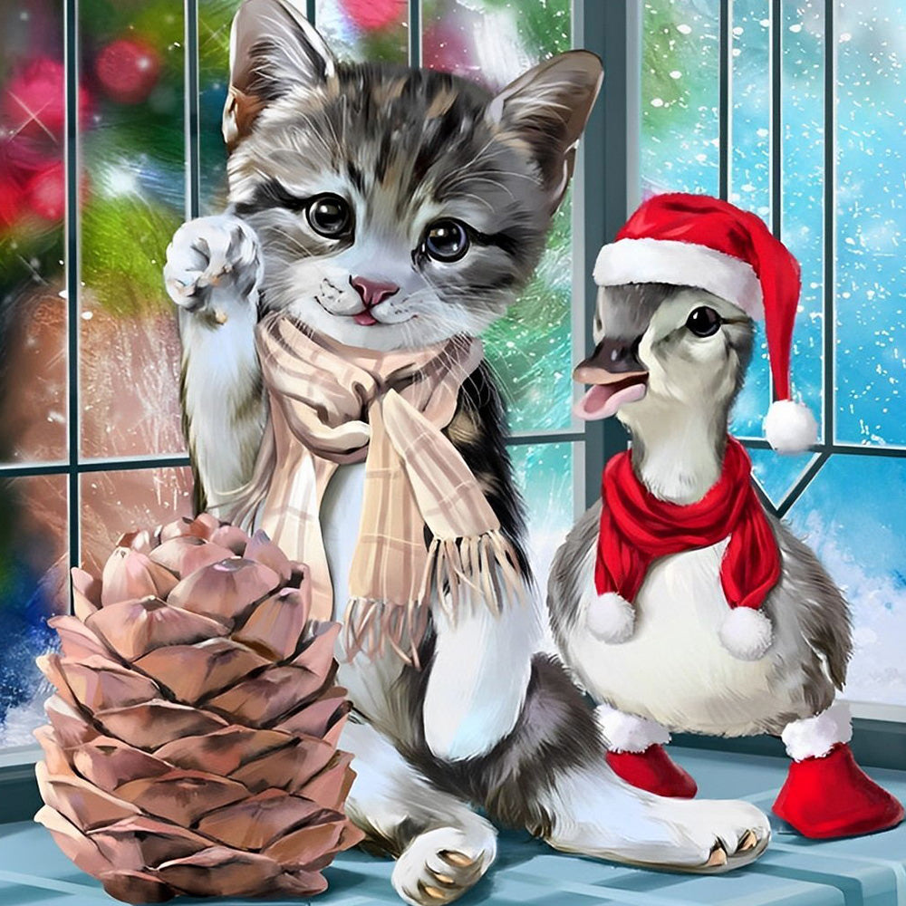 Kitten and duckling with pinecone cross stitch kit for beginners