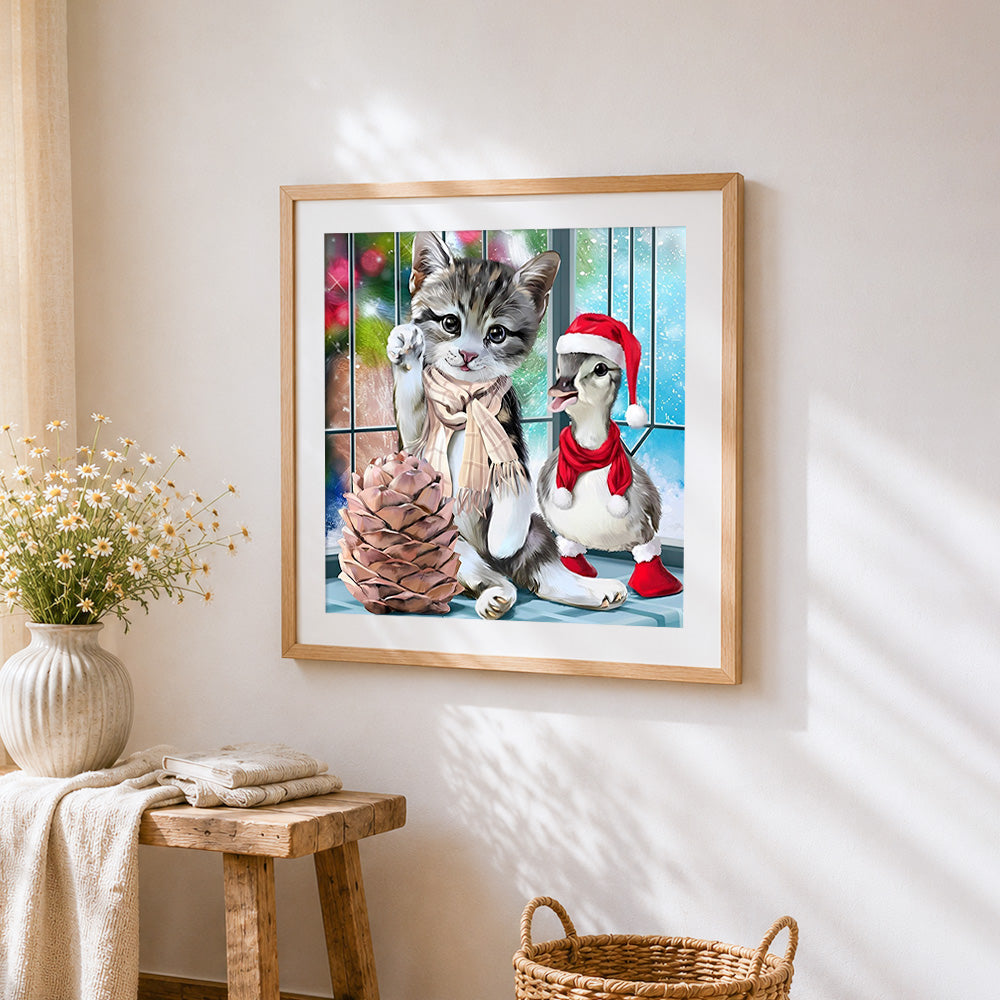Kitten and duckling with pinecone cross stitch artwork displayed on wall as home decor