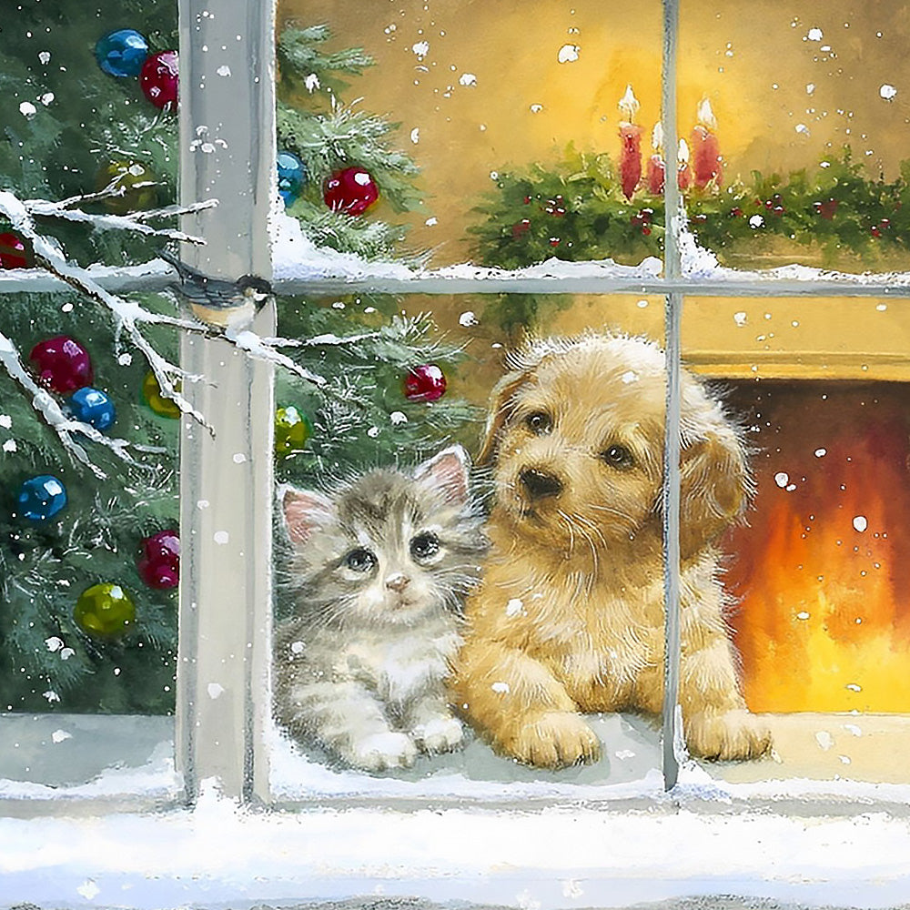 Kitten and puppy on a snowy windowsill cross stitch kit for beginners